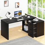 HSH Black L Shaped Desk with Drawers Shelves, 360 Rotating Home Office Desk L Shape with Storage Cabinet, Corner Wood Computer Table for PC Executive Work Study Writing in Bedroom Living Room, 55 in HSH