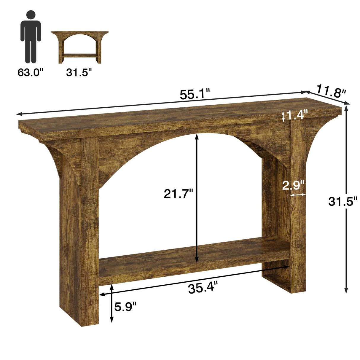 Tarnorci 55 Inches Console Table,2 Tier Farmhouse Entryway Table,Narrow Wood Accent Tables with Storage Shelves for Living Room,Entrance,Hallway,Foyer (Brown) Tarnorci