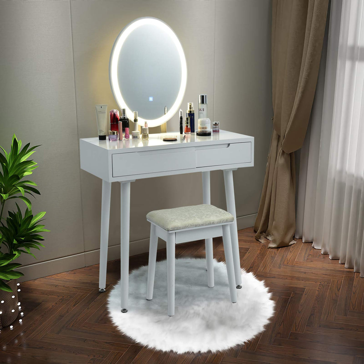CHARMAID Vanity Set with Lighted Mirror, 3 Modes Adjustable Brightness Mirror, Makeup Dressing Table with Cushioned Stool, 2 Sliding Drawers with Divider, Modern Bedroom Vanity for Girls Women (White) CHARMAID