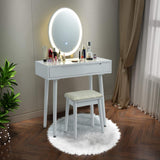CHARMAID Vanity Set with Lighted Mirror, 3 Modes Adjustable Brightness Mirror, Makeup Dressing Table with Cushioned Stool, 2 Sliding Drawers with Divider, Modern Bedroom Vanity for Girls Women (White) CHARMAID