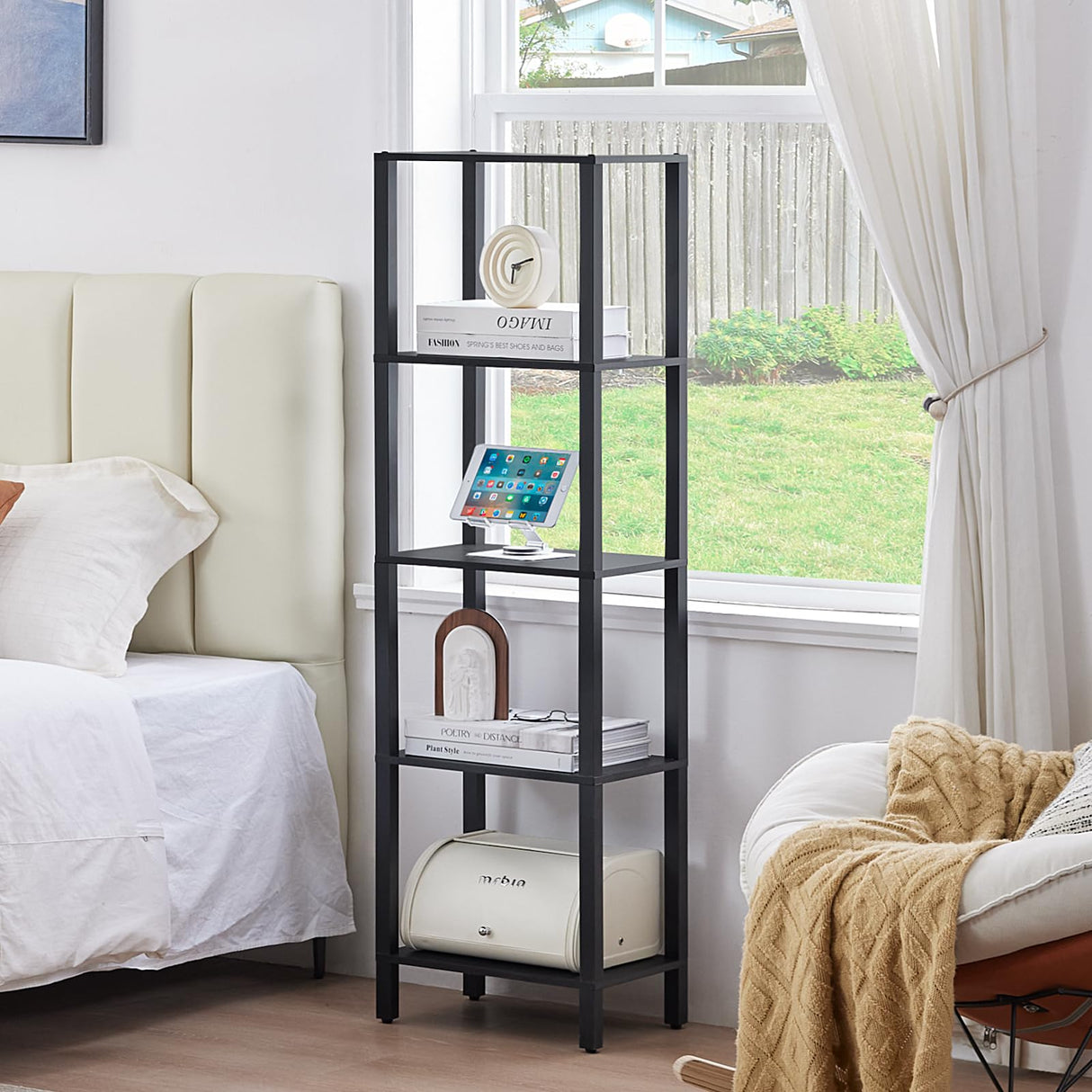 YUFAM 54in Tall Bookshelf 5-Tier Small Narrow Bookcase, Skinny Book Shelf for Small Space, Farmhouse Slim Shelf with Storage, Wood Freestanding Display Thin Bookshelves for Living Room, Office, Black YUFAM