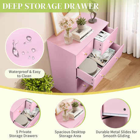 Karl home Dresser for Bedroom, Modern Wood Dresser Chest of Drawers, Bedroom Dressers Nightstand, Anti-Tipping Device, Rose Gold Metal Handle, Living Room, Hallway, Office (Pink-5 Drawer) Karl home