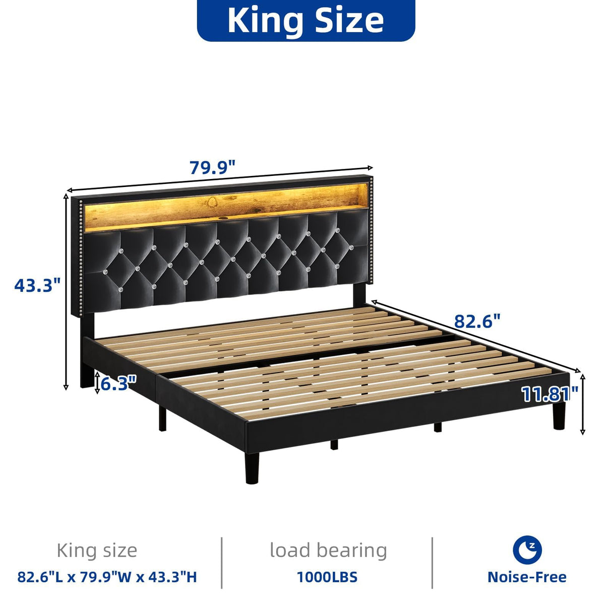 HOMBCK King Size Bed Frame with LED Lights and Storage Headboard, Velvet Upholstered Bed Frame King with Charging Station, Modern Diamond and Rivet Design, No Box Spring Needed, Easy Assembly, Black HOMBCK