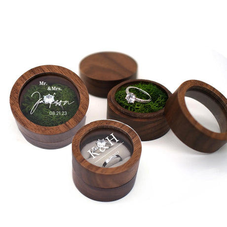 Personalized Wedding Ring Box, Double Ring Wooden Boxes for Ceremony, Custom Printed Name Clear Acrylic Cover, Elegant and Retro Round Ring Holder with Name & Date, Bridal Gift for Her BJZLWJ