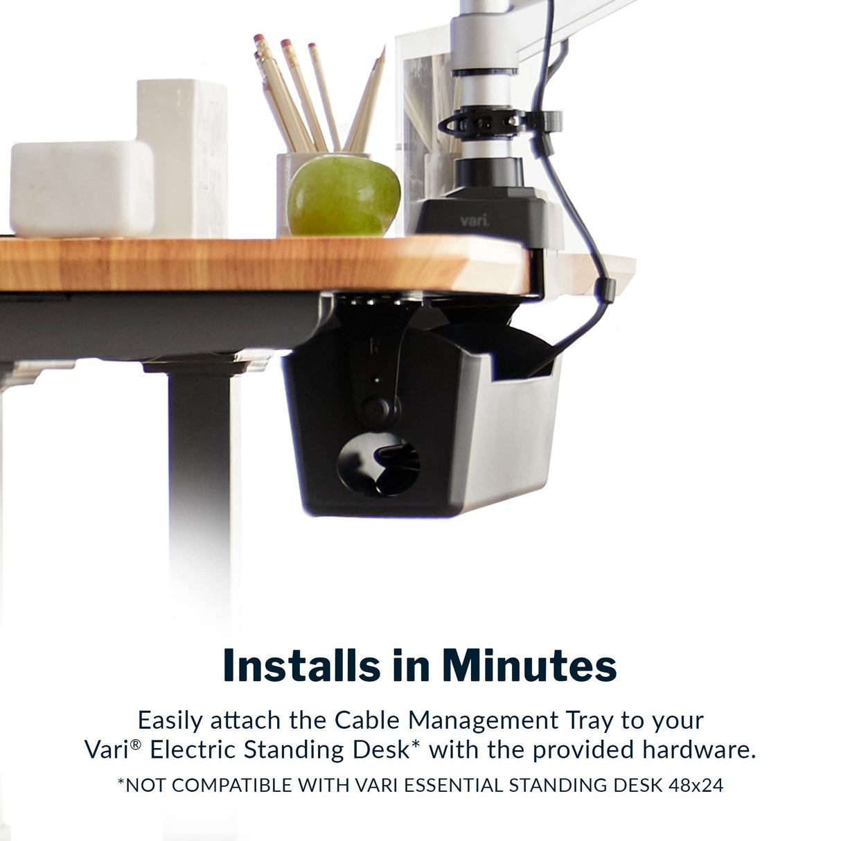 Vari Cable Management Tray - Under Desk Cord & Wire Organizer - Ideal for Home Office Sit Stand Desks - Fits Adjustable Electric Standing Desk 48x30, 60x30, 60x24, 72x30 - Easy Assembly (Black) Vari