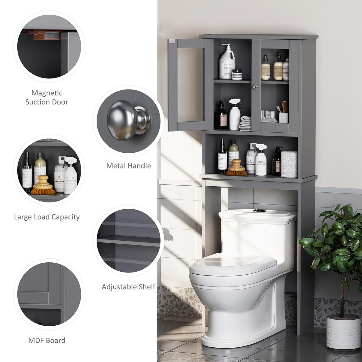 Meilocar Over The Toilet Storage Cabinet, Bathroom Storage Cabinet Over Toilet, Space Saver with 2 Tempered Glass Doors, Grey Meilocar