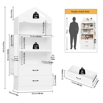 HOSTACK 71" Tall White Kids Bookcase with 2 Drawers and 4-Tier Shelving for Toys and Books - WoodArtSupply