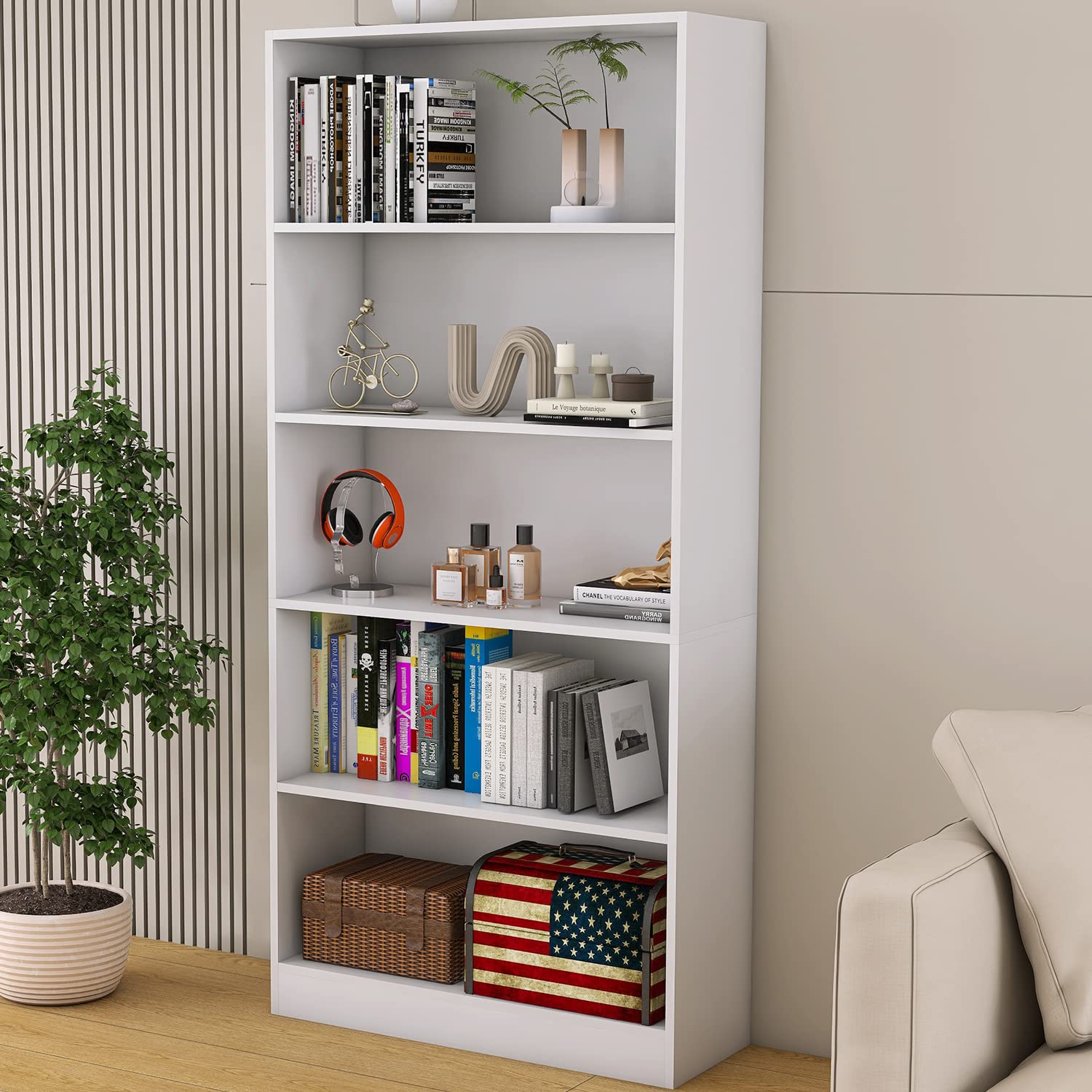 Stylish 5-Tier Floor Standing Bookshelf by LZ-DONGMAN in White - WoodArtSupply