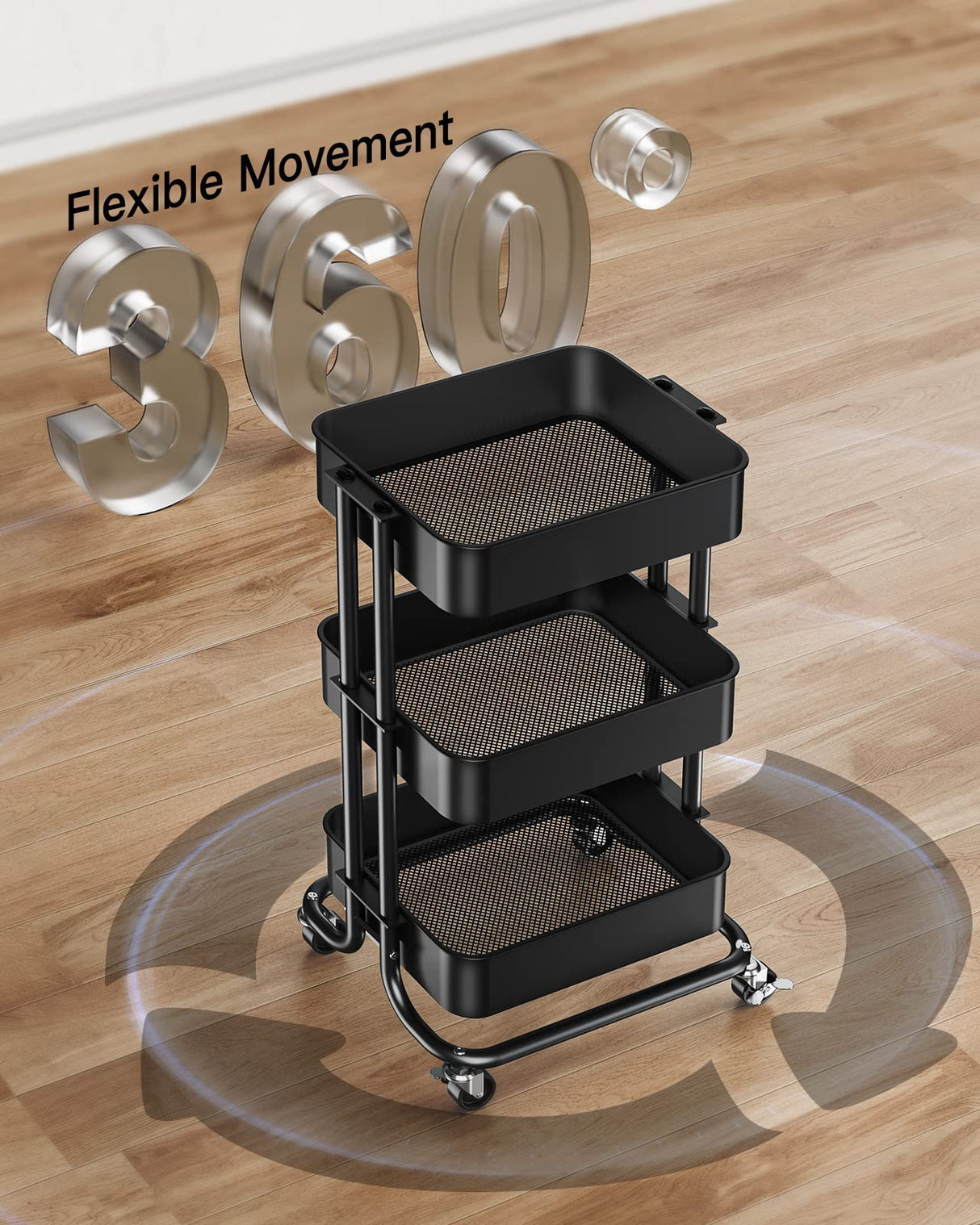 Pipishell 3 Tier Metal Rolling Utility Cart, Heavy-Duty Storage Rolling Cart with 2 Lockable Wheels, Multifunctional Mesh Organization Utility Cart for Kitchen Dining Room Living Room (Black) Pipishell