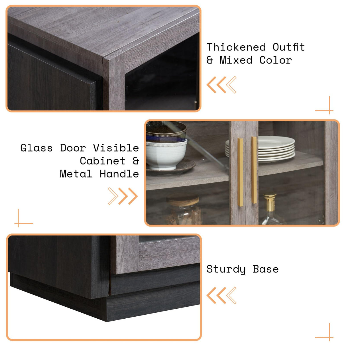 AMERLIFE Sideboard Buffet Cabinet with LED Lights, Mixed Color Accent Cabinet with Glass Doors and Adjustable Shelf, Hallway Storage Cabinet Console Table for Living Room, Dining Room, Black and Gray AMERLIFE