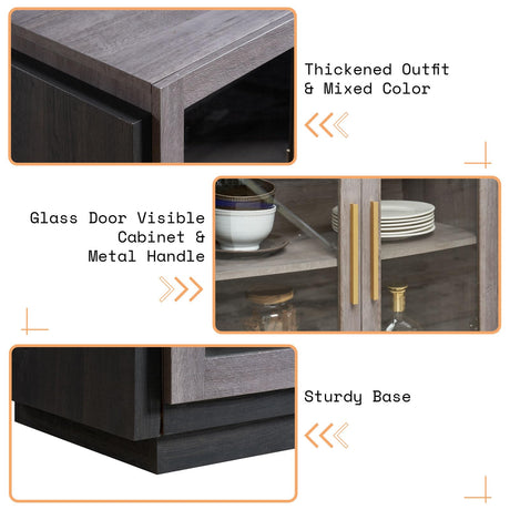 AMERLIFE Sideboard Buffet Cabinet with LED Lights, Mixed Color Accent Cabinet with Glass Doors and Adjustable Shelf, Hallway Storage Cabinet Console Table for Living Room, Dining Room, Black and Gray AMERLIFE