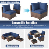 Aoxun 7 Pieces Patio Furniture Set with 44” Fire Pit Table Wicker Rattan Outdoor Sectional Conversation Set with Coffee Table and 4” Thickened Cushions, Blue(Waterproof Cover Included) Aoxun