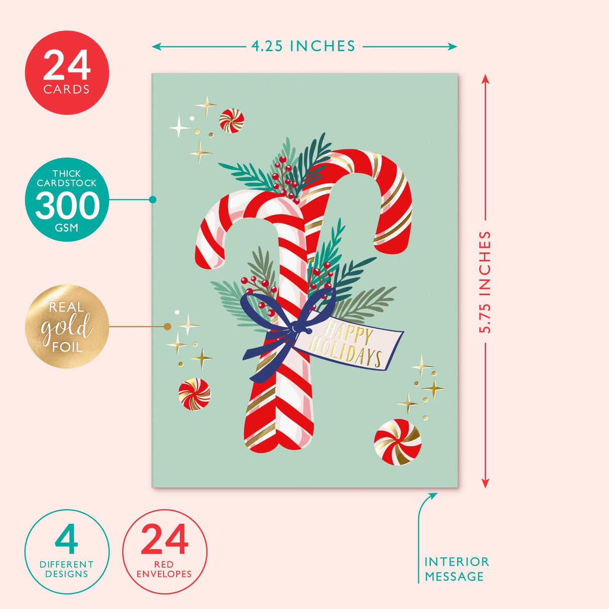 Christmas Cards Set - 24 Gold Foil Holiday Cards with Red Envelopes – 6 Assorted Designs Boxed for Easy Storage - 4.25 x 5.75, Bulk Greeting and New Years Decor Sheets Sweetzer & Orange