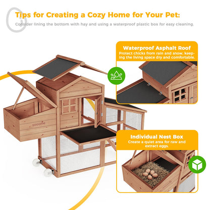 SOCOME 62.99" L Wooden Chicken Coop, Movable Large Pet Hutch On Wheels, Two Story Hen House with Nesting Box Leakproof Pull-on Tray, and Waterproof Roof Panel, for Guinea Pig,Rabbit,Chicks,Duck