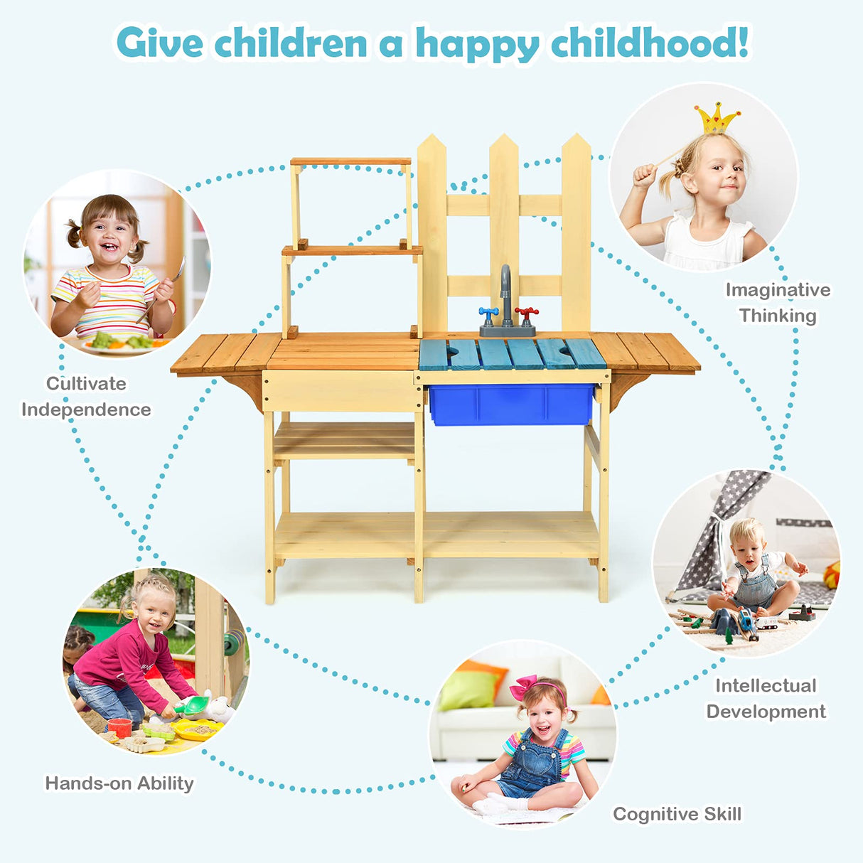 Costzon Wooden Kids Kitchen Playset, Indoor Outdoor Pretend Mud Kitchen Set for Toddler, Play Kitchen Toy w/Simulated Faucet, Shelves, Removable Board, Toy Kitchen Set for Girls & Boys Age 3+ Costzon