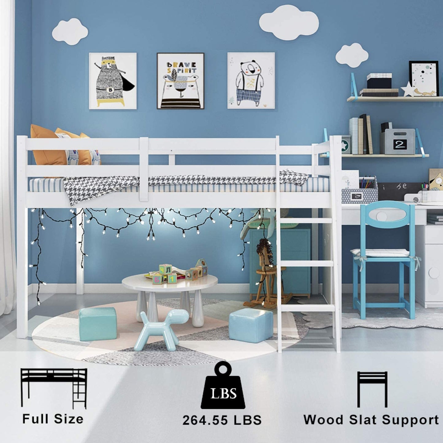 VINGLI White Low Loft Bed with Stairs for Kids and Teens – Full Size, Solid Pine Wood, Space-Saving Design - WoodArtSupply