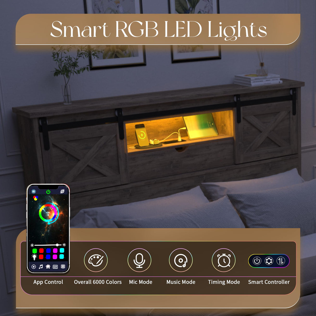 HMYFGD Farmhouse Queen Size Bed Frame with Storage Bookcase Headboard, Wooden Bed with LED Lights, Charging Station, 2 Drawers, Rustic Bed Frame with Sliding Barn Door for Bedroom (Grey Oak, Queen) HMYFGD