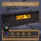 HMYFGD Farmhouse Queen Size Bed Frame with Storage Bookcase Headboard, Wooden Bed with LED Lights, Charging Station, 2 Drawers, Rustic Bed Frame with Sliding Barn Door for Bedroom (Grey Oak, Queen) HMYFGD