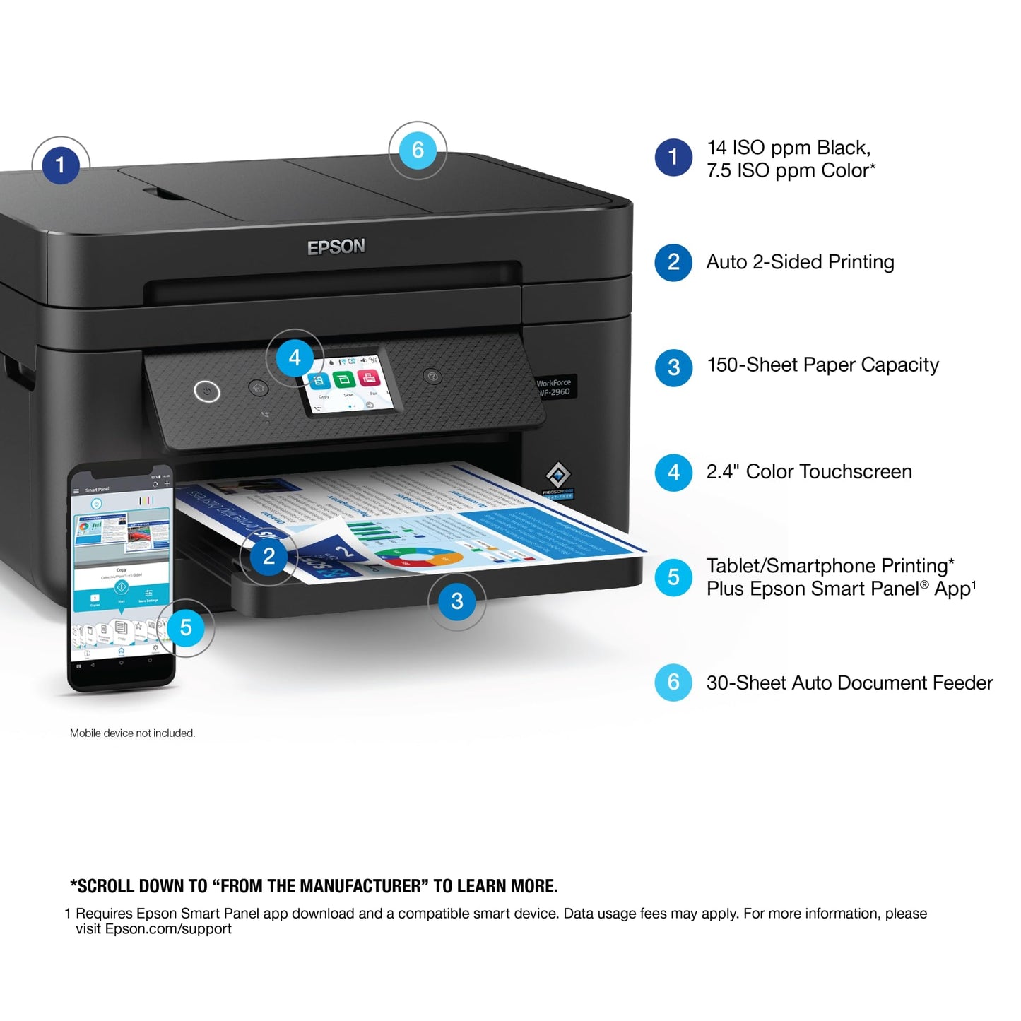 Epson Workforce WF-2960 Wireless All-in-One Printer with Scan, Copy, Fax, Auto Document Feeder, Automatic 2-Sided Printing, 2.4" Touchscreen Display, 150-Sheet Paper Tray and Ethernet,Black