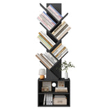Azaeahom 6 Tier Tree Bookshelf, Wood Bookcase with Storage Cabinet, Modern Tall Narrow Bookshelves Organizer, Floor Standing Book Shelf for Bedroom/Living Room/Home Office/Corner (Black, 6 Tier) Azaeahom