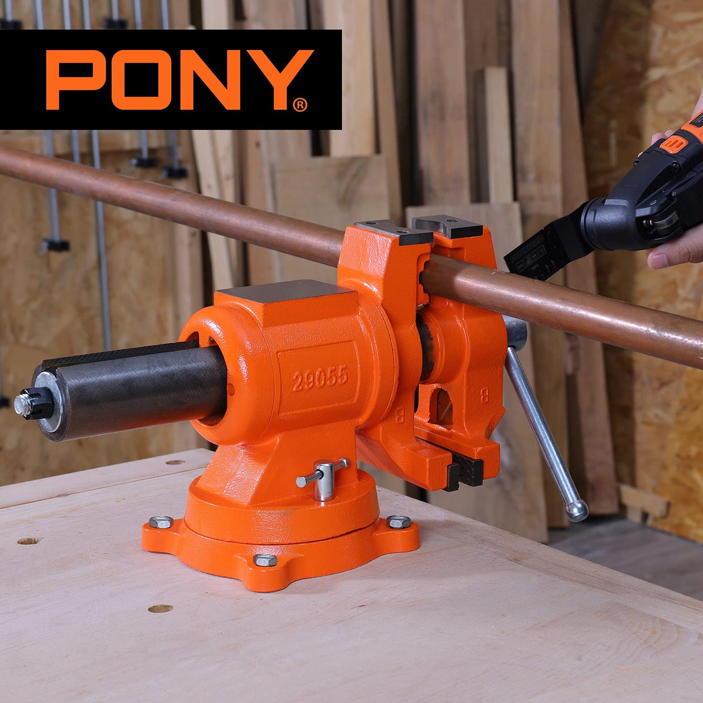 PONY Heavy Duty Bench Vise, 5-inch Jaw Width 5-inch Jaw Opening, 360-Degree Swivel Base with Anvil, Utility Combination Pipe Home Vise for Woodworking, One-Pair Vise Jaw Pad Included - WoodArtSupply