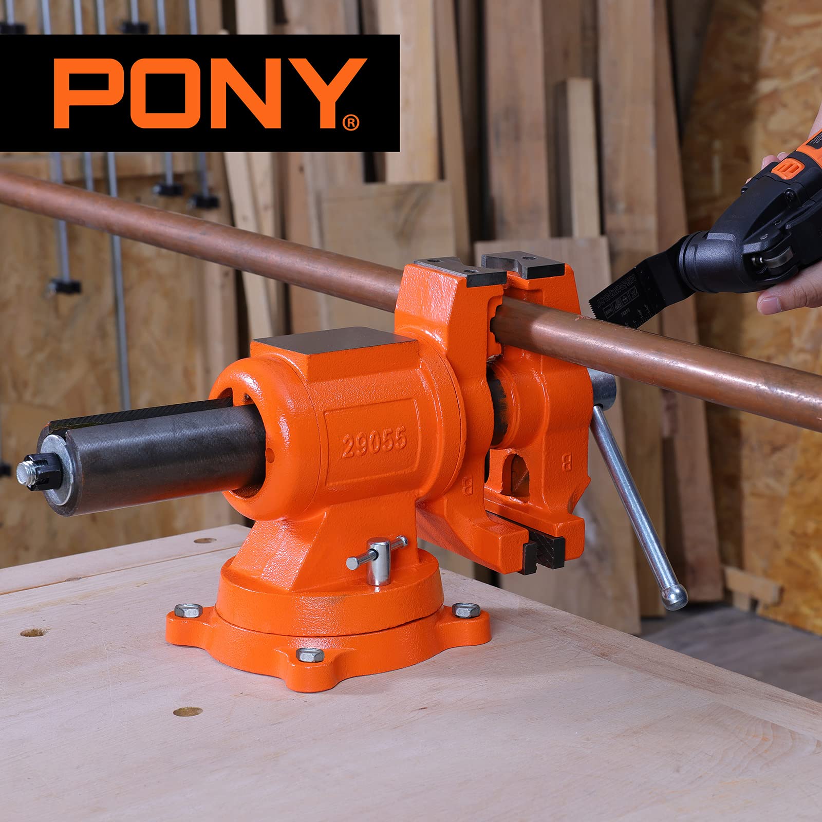 PONY Heavy Duty Bench Vise, 5-inch Jaw Width 5-inch Jaw Opening, 360-Degree Swivel Base with Anvil, Utility Combination Pipe Home Vise for Woodworking, One-Pair Vise Jaw Pad Included - WoodArtSupply