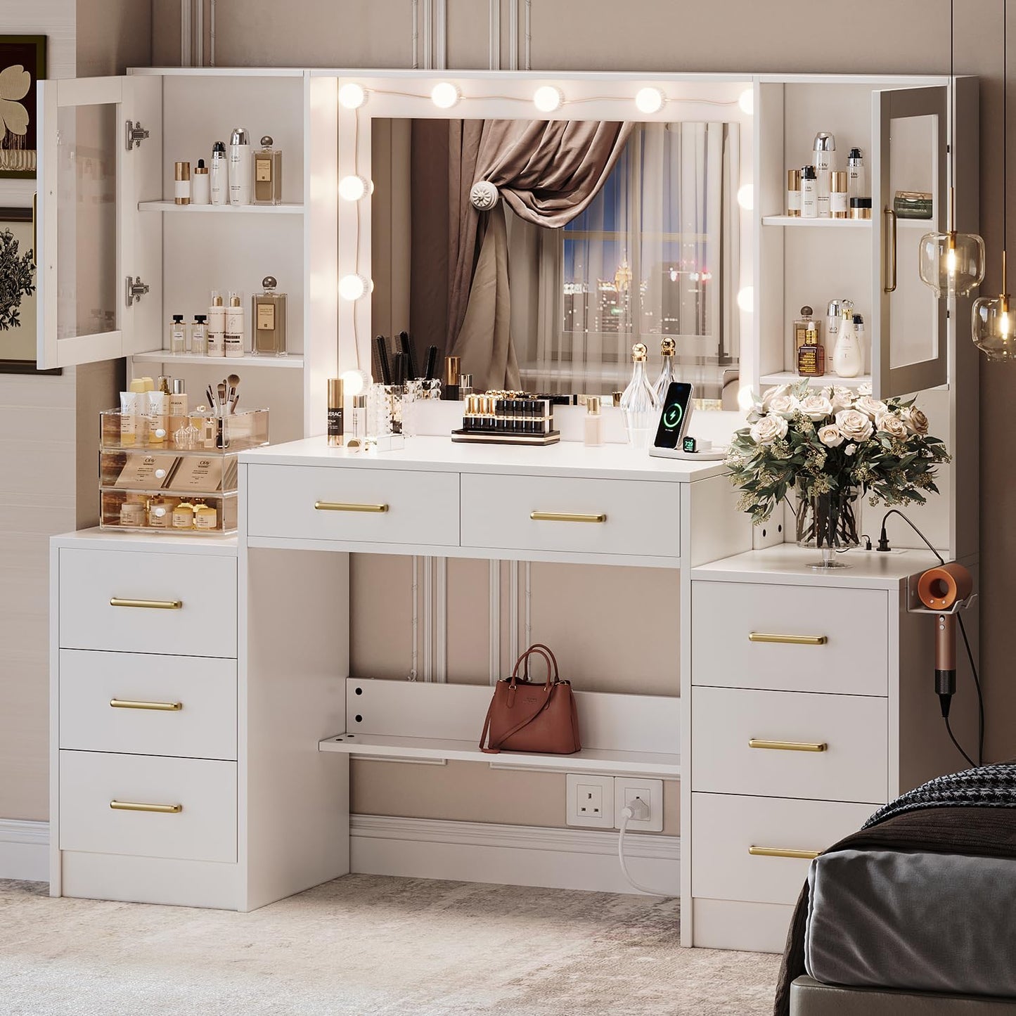 58.3”Vanity Desk with Mirror and Lights & Charging Station, Bedroom Dressing Table, Large Vanity Set, 8 Drawers and 2 Cabinets, Makeup Vanity Table with Charging Station, Without Stool