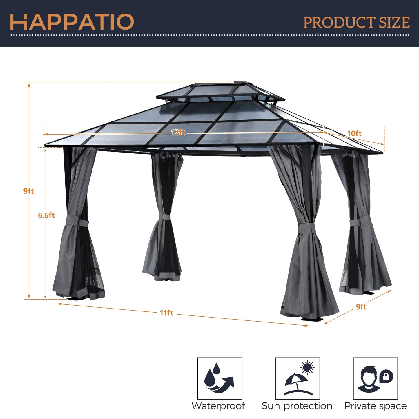 HAPPATIO 10'x 12' Hardtop Gazebo, Outdoor Polycarbonate Double Roof, Aluminum Furniture Gazebo Canopy with Netting and Curtains for Garden, Patio,Deck (Gray) - WoodArtSupply