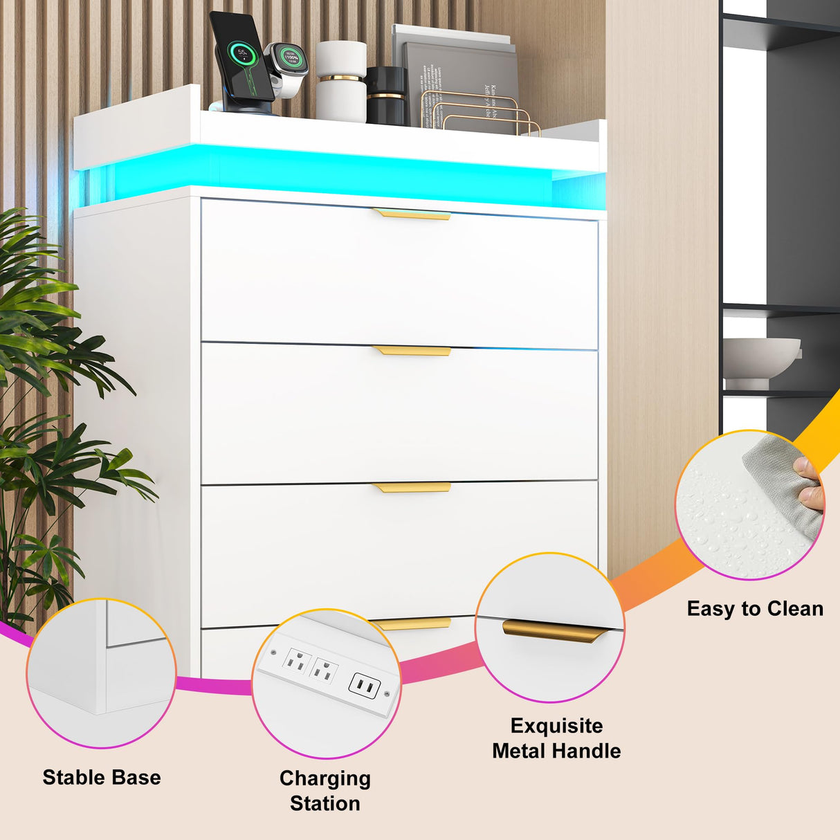 knoworld White Dresser with LED Lights, Wooden LED Dresser, 4 Drawer Chest with Charging Station, Tall Chest of Drawer Closet Organizer for Bedroom, Living Room, Entryway, Hallway knoworld