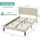 VECELO Upholstered Queen Bed Frame with Headboard Adjustable, Velvet Platform Bed with LED Lights, Charging Station, Mattress Foundation with Wooden Slats, Noise Free, No Box Spring Needed, Beige VECELO