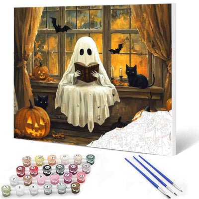 Ghost Reading Book Paint by Number for Adults Beginner Cute Ghost Paint by Number Kit on Canvas DIY Halloween Spumpkins Paintwork for Home Wall Decoration and Gifts 16x20 Inch (Frameless
