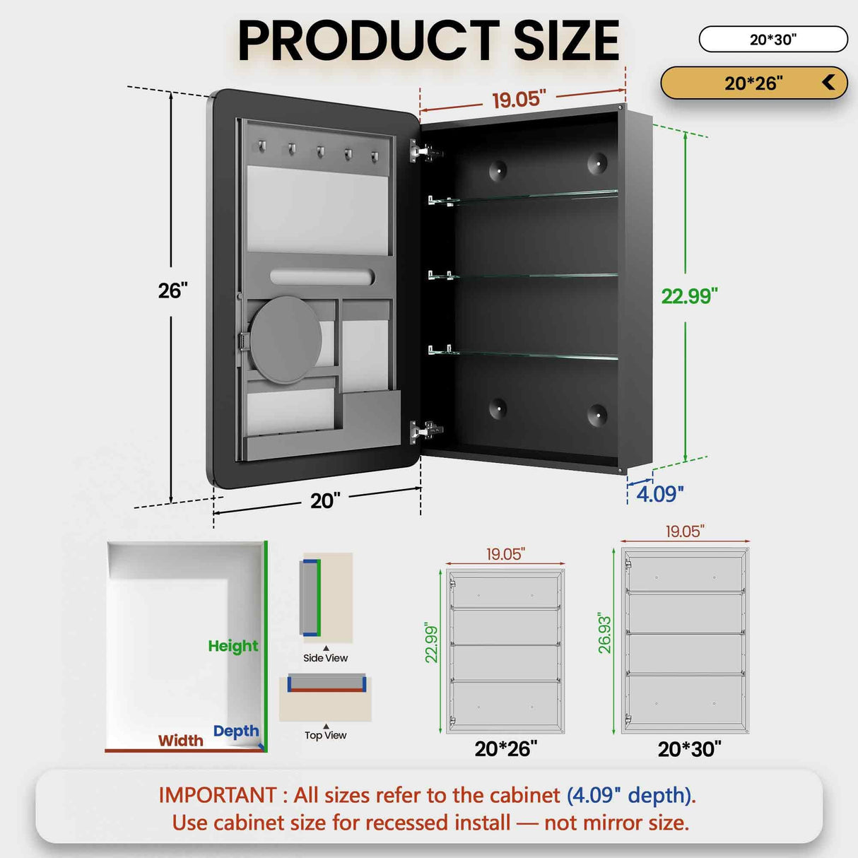 Black Medicine Cabinets for Bathroom with Mirror:20x26 Inch Small Mirrored Vanity Storage with Adjustable Shelves-Surface or Recessed Wall Mount-Matte Black Frame MemoCastle