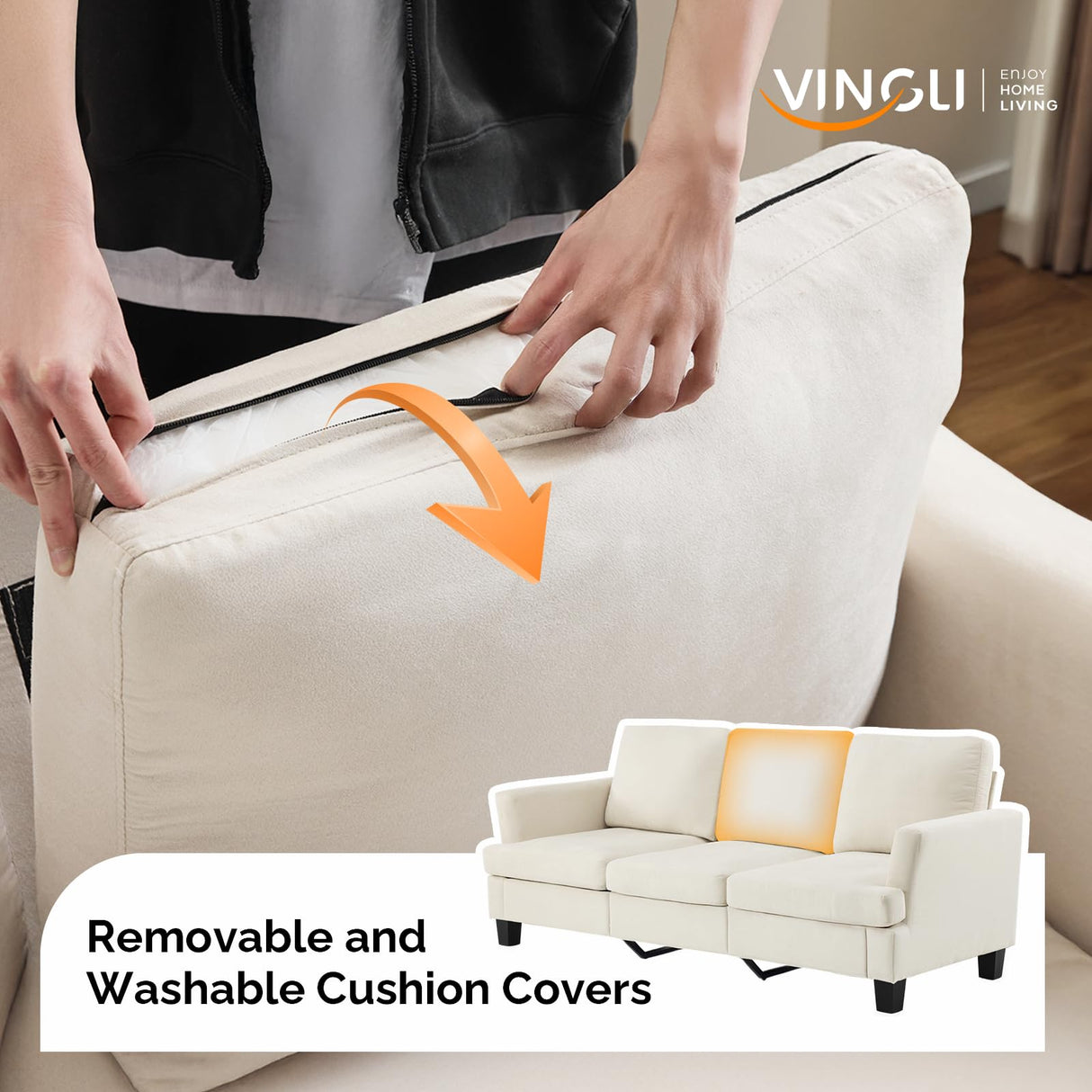 VINGLI White 83" Sofa Couches for Living Room, Faux Suede Modern Comfy 3 Seater Couch 25.6" Deep Seat Upholstery Cozy Sofas for Small Space, Bedroom, Apartment, Home Office VINGLI