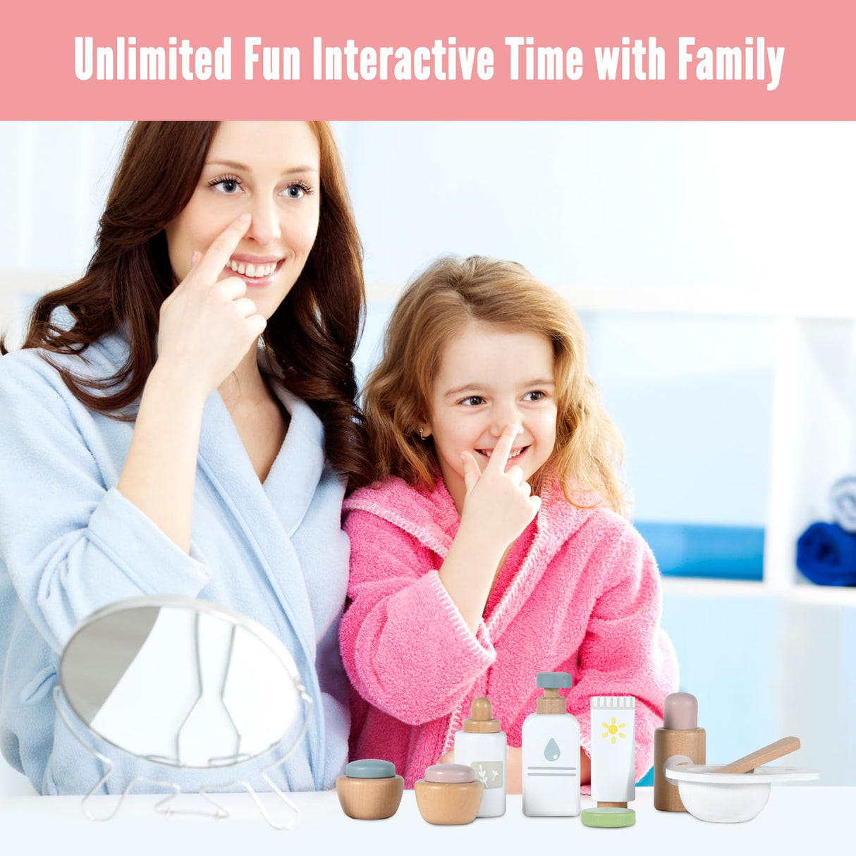 WHOHOLL Wooden Makeup Toy Set, Pretend Beauty Salon Toys Skin Care Learning Toys for Toddler, Daycare Toys Christmas Birthday Gift for 2 3 4 5+ Year Old Girls - Facial Cleanser, Mirror, Face Mask WHOHOLL