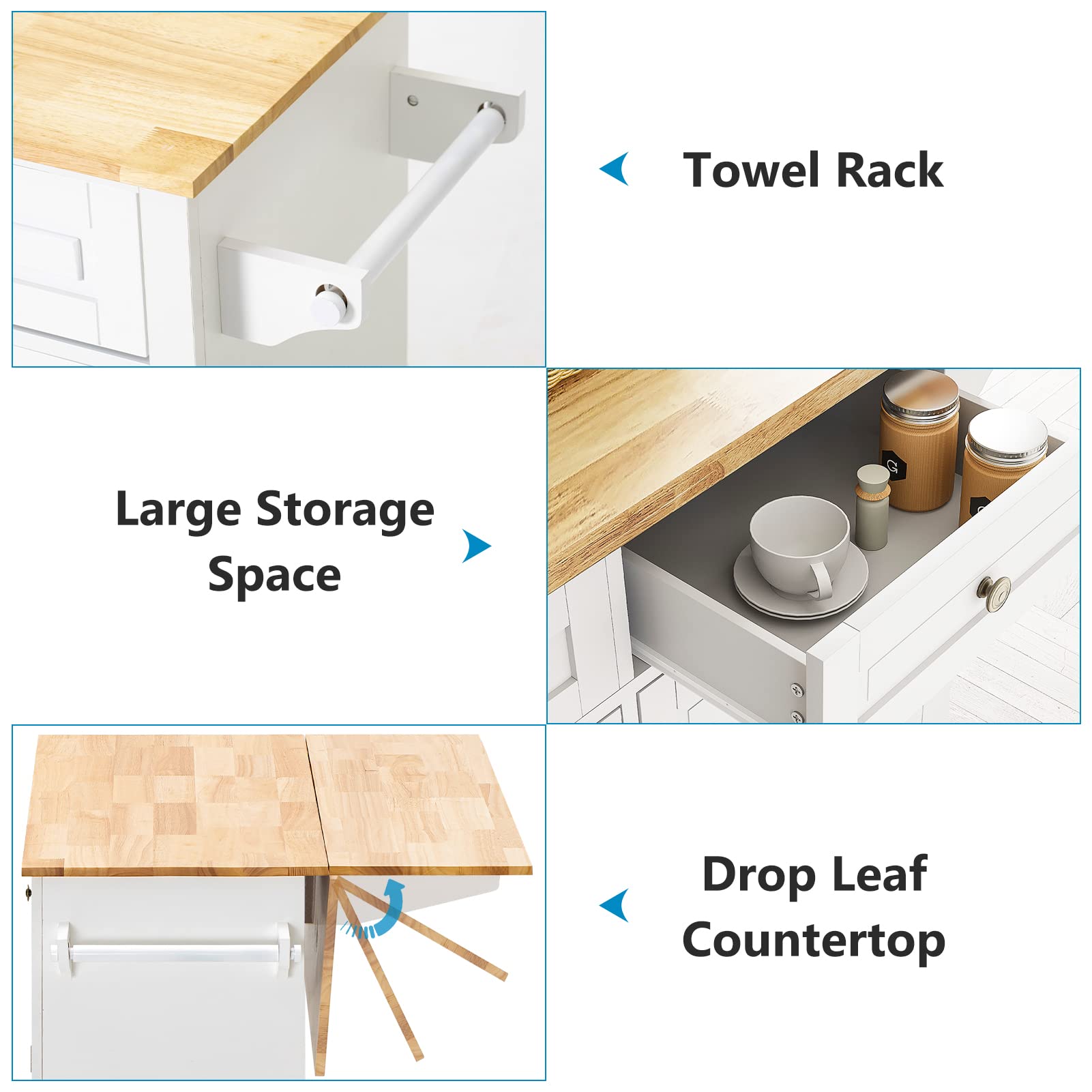 Rolling Kitchen Island with Drop Leaf – Movable Kitchen Carts on Wheels Island with Storage Cabinet, Island Table for Kitchen with Rubber Wood Top and Rack and Drawers, Matte, White - WoodArtSupply