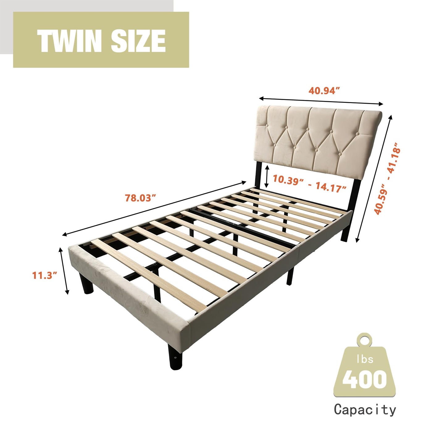 alazyhome Upholstered Platform Twin Size Bed Frame with Adjustable Button Tufting Headboard Wooden Slats Support No Noise Easy Assembly Beige Velvet