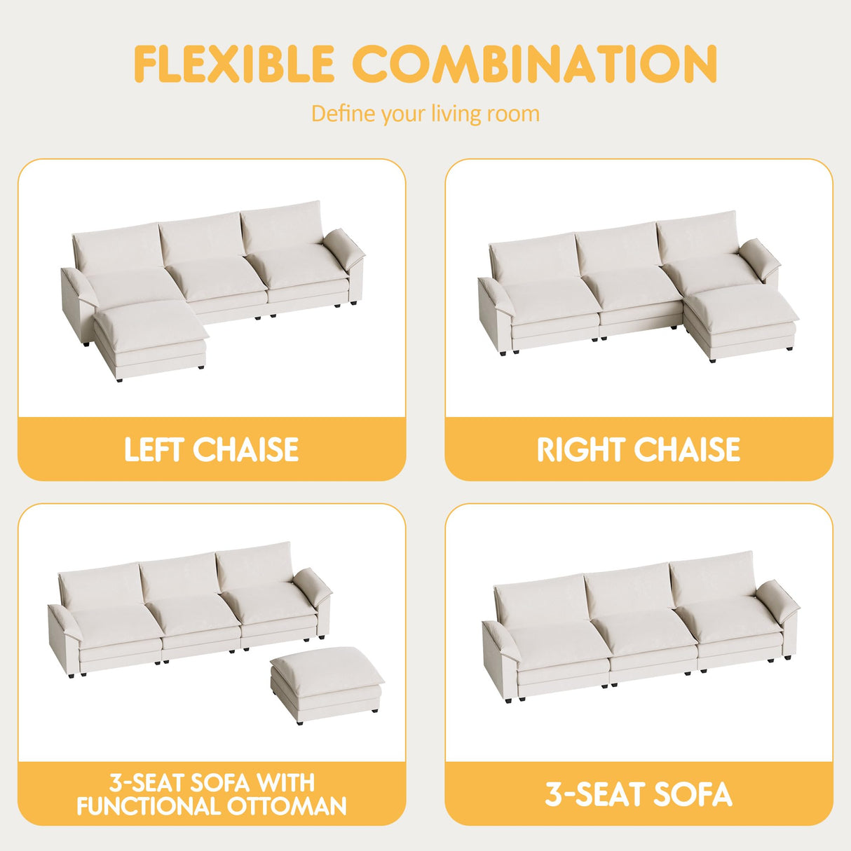 Homall Modular Sectional Sofa, Loveseat Sofa Couch with Reversible Ottoman, DIY Combination Chenille Deep Seat Cloud Couch for Living Room, Apartment (White, L Shaped Sofa) Homall