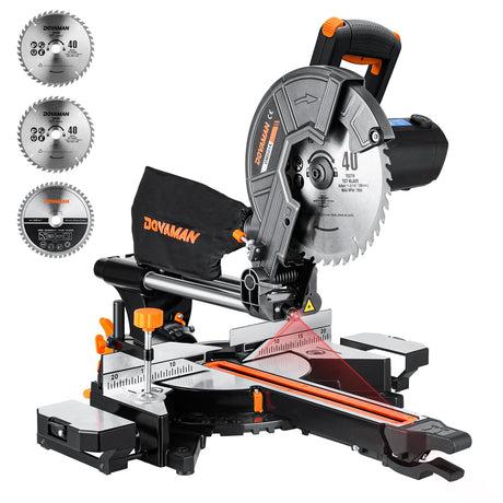 DOVAMAN 10in Sliding Miter Saw, Multi-use w/ 3 Blades, 15A Miter Saw, 4500/3200RPM, Ambidextrous Use, 0-45° Bevel Laser Cut, Max Cut 3.5x13.4in, 9 Positive Stops, for Cutting Wood, PVC or Soft Metal DOVAMAN