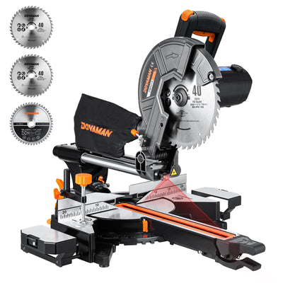 DOVAMAN 10in Sliding Miter Saw, Multi-use w/ 3 Blades, 15A Miter Saw, 4500/3200RPM, Ambidextrous Use, 0-45° Bevel Laser Cut, Max Cut 3.5x13.4in, 9 Positive Stops, for Cutting Wood, PVC or Soft Metal