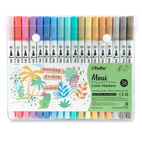 Ohuhu Markers for Adult Coloring Books No Bleeding 36 Pastel Colors Coloring Markers Water-based Dual Tips Fineliner & Brush Drawing Pens Art Markers for Kids Adults Sketch Journal - Maui Ohuhu