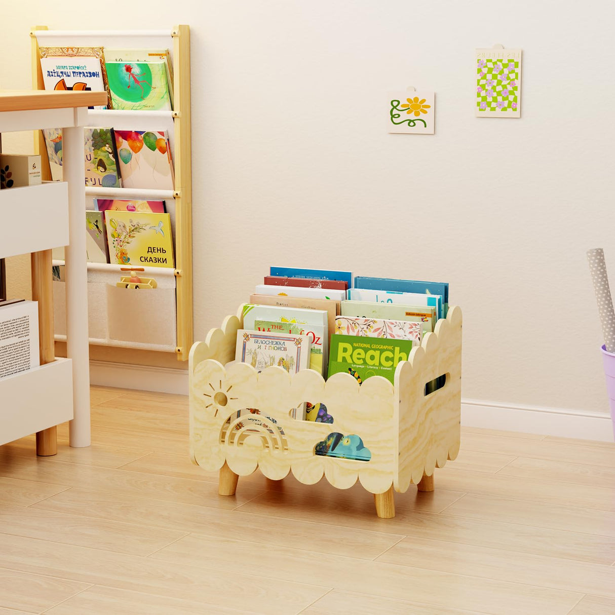 Wood Kids Bookshelf, Montessori Bookshelf, With 2 Adjustable Dividers, Suitable Kids Rooms, Nursery & Classroom, Kids Bookshelf And Toy Storage, Toddler Book Rack, Nursery Book Shelves, Kids Bookcase BPMFDTNL