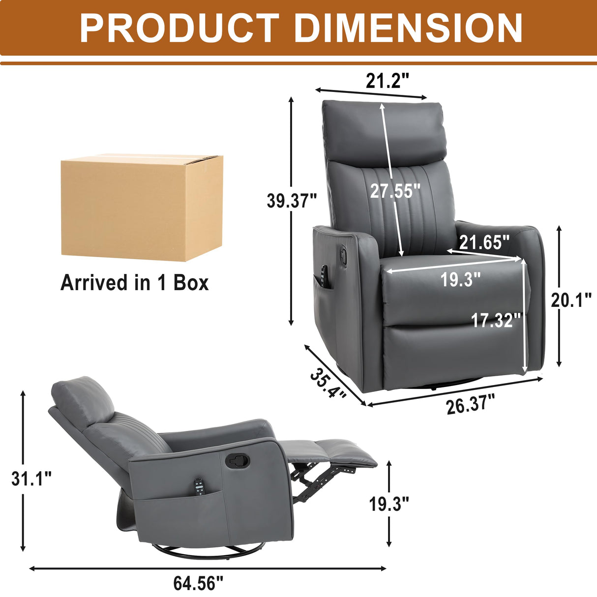 Manual Swivel Rocker Recliner Chair for Adults, Overstuffed Recliner Glider with Massage and Heat, Living Room Reclining Chair, PU Leather Gray Luxlen