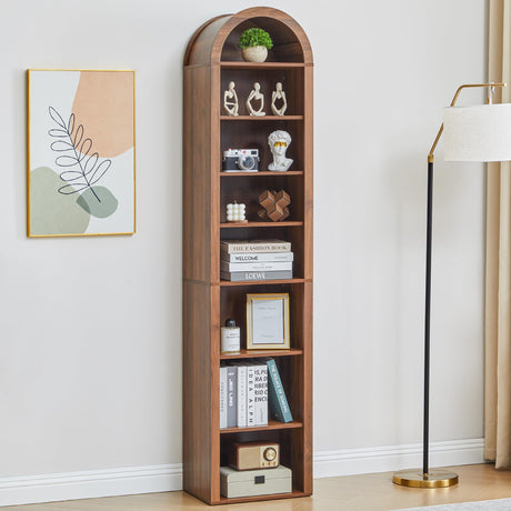 Tall Narrow Arched Bookshelf, 8-Tier Skinny Arch Bookcase for Small Space, Freestanding Storage Organizer with Adjustable Shelves, Open Display Shelves for Living Room, Entryway, Bathroom (Walnut) Turtle&Myrtle