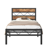 VECELO Twin Size Bed Frame with Headboard, Heavy-Duty Platform Bedframe with Metal Slats Support, No Box Spring Needed, Easy Assembly, Black & Brown VECELO