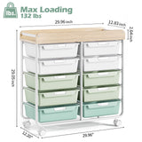 Rolling Storage Cart with 10 Large Drawers, Utility Cart with Wooden TableTop for Craft Organizers, Art Supply Storage, Home Office Organization, Cart with Wheels for Classroom, School, Green SYKIARIOL