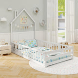 GORELAX Twin Floor Bed, Montessori House Bed, Floor Kid House Bed Frame with Fence, No Box Spring Needed, Wood Twin Size Platform Bed Frame for Boys, Girls (White) GORELAX