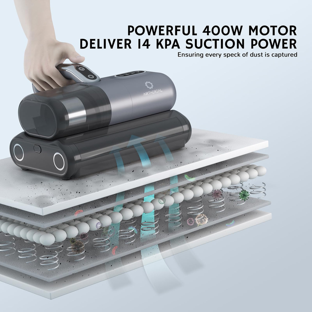 AIRTHEREAL M1 Mattress Vacuum Cleaner, 6 in 1 Bed Vacuum with High-Frequency Vibration - 80,000 RPM Dual Brushroll Rotation, UV-C Light, 14Kpa Suction, Dust Sensor, Ultrasonic and Heating Tech AIRTHEREAL