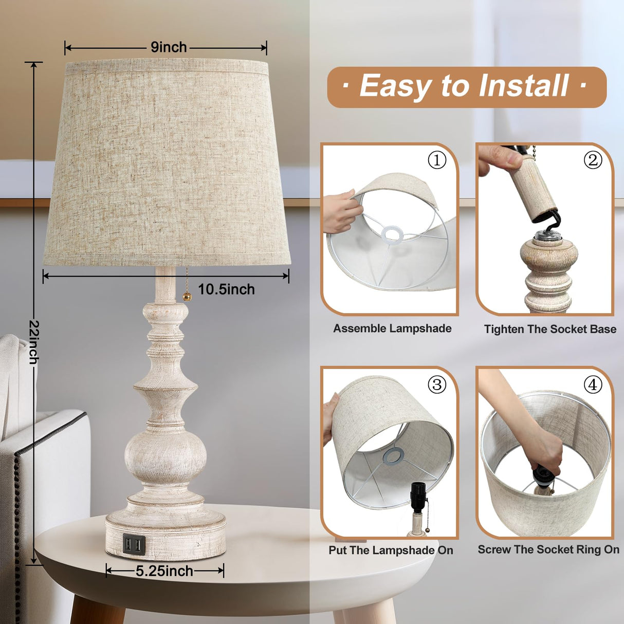 Drawealth Table Lamps for Bedrooms Set of 2 Farmhouse Bedside Lamps for Nightstand with USB Charging Ports Traditional Side Table Lamps for Living Drawealth