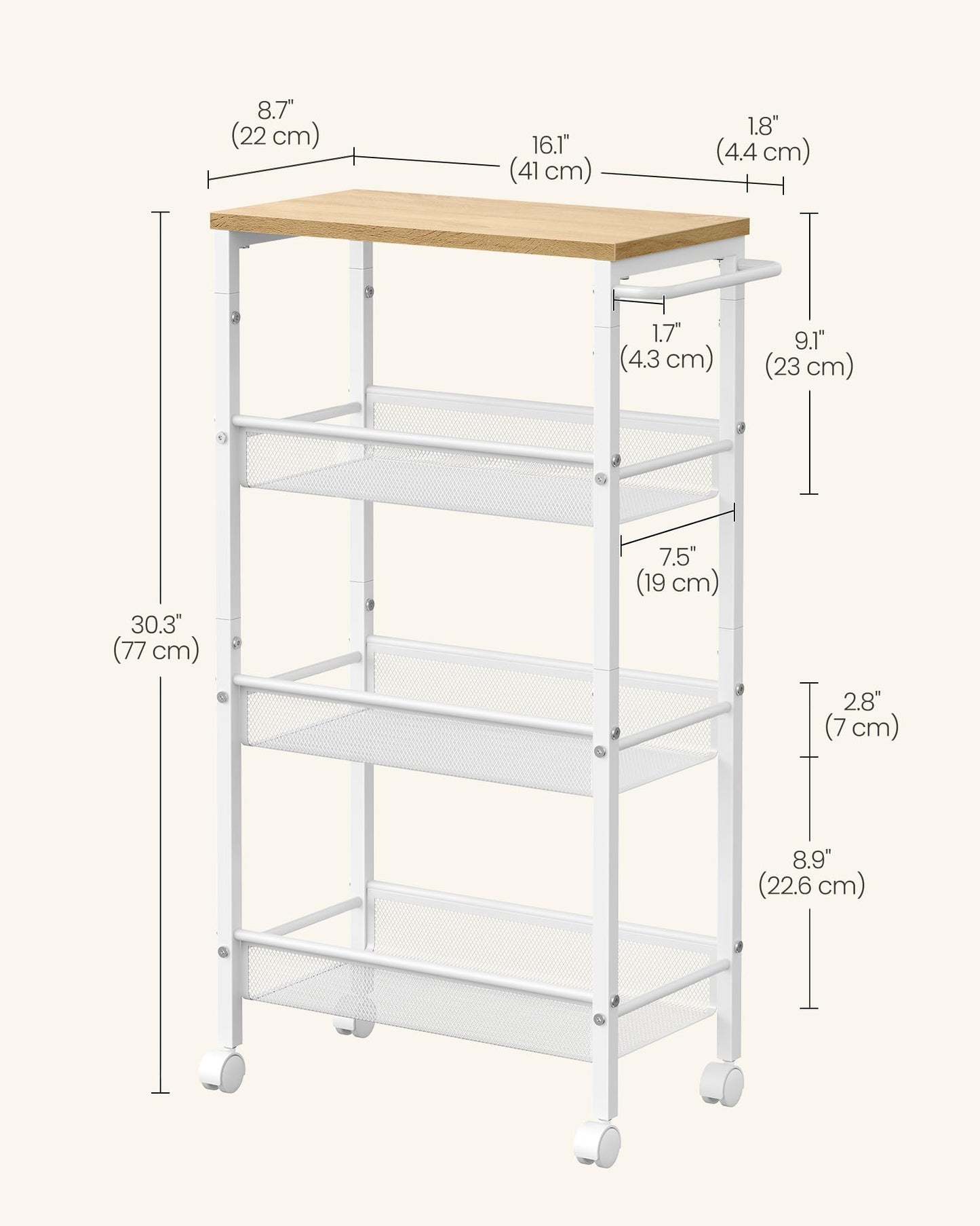 VASAGLE Slim Rolling Cart, 4-Tier Storage Cart, Narrow Cart with Handle, 8.7 Inches Deep, Metal Frame, for Kitchen, Dining Room, Living Room, Home Office, Oak Beige and Classic White ULRC033W09