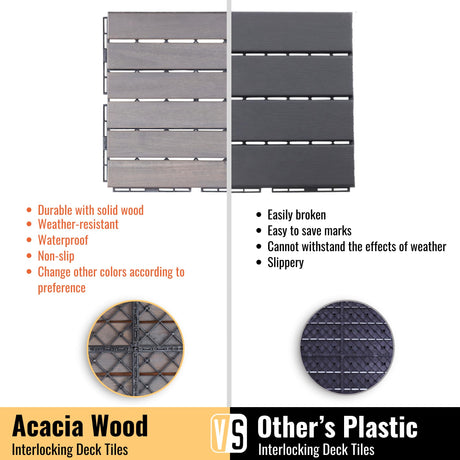 10 PCS Light Gray Acacia Wood Interlocking Deck Tiles, 12" x 12" Outdoor Striped Pattern Flooring for Patio, Balcony, Porch, Garden, Poolside Sailret